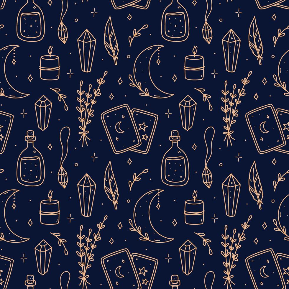 Seamless pattern with gold magic doodles on blue background - herbs, crescent moon, pendant, candles, gemstones, tarot cards, potion. hand-drawn illustration. Perfect for print, wallpaper. vector
