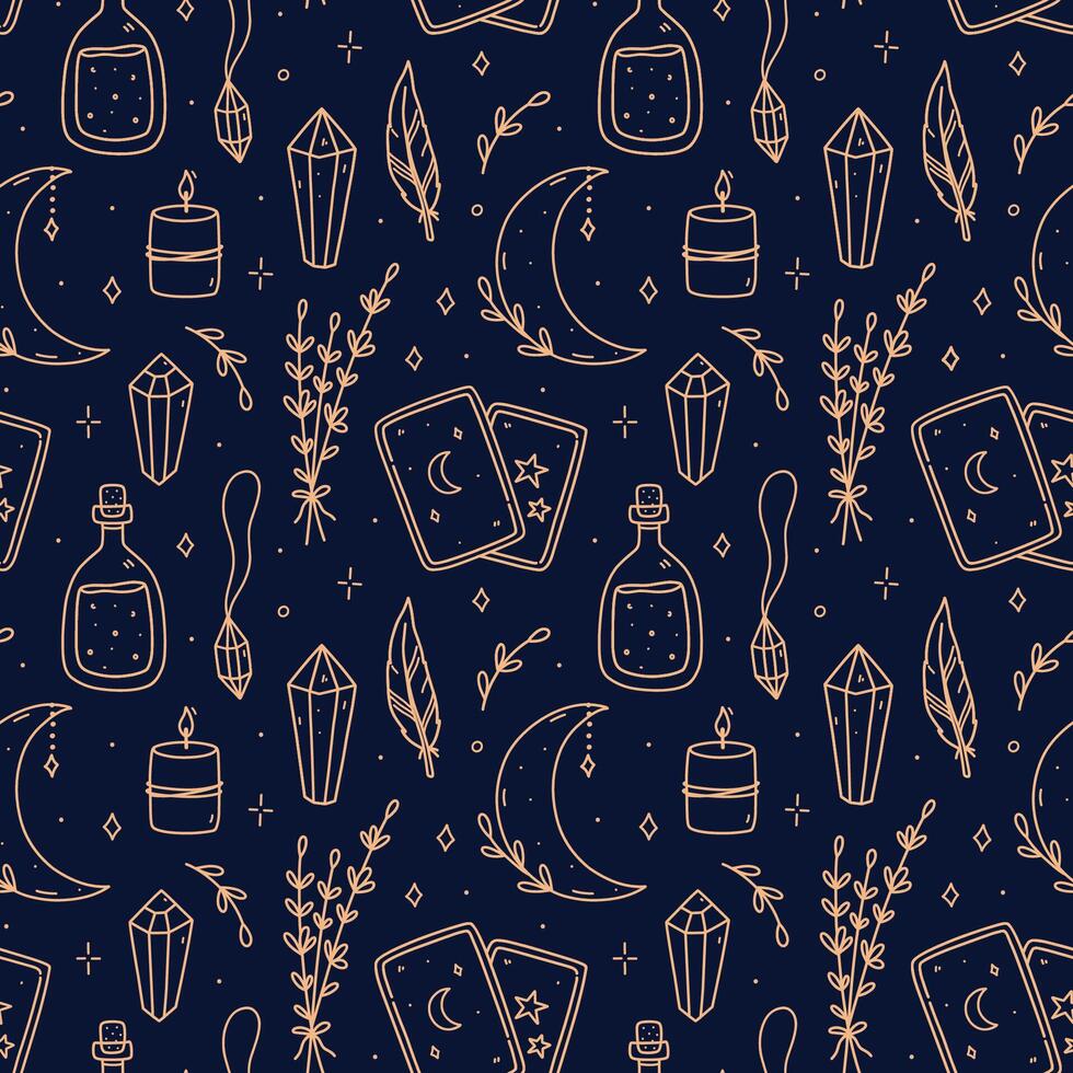 Seamless pattern with gold magic doodles on blue background - herbs, crescent moon, pendant, candles, gemstones, tarot cards, potion. hand-drawn illustration. Perfect for print, wallpaper. vector