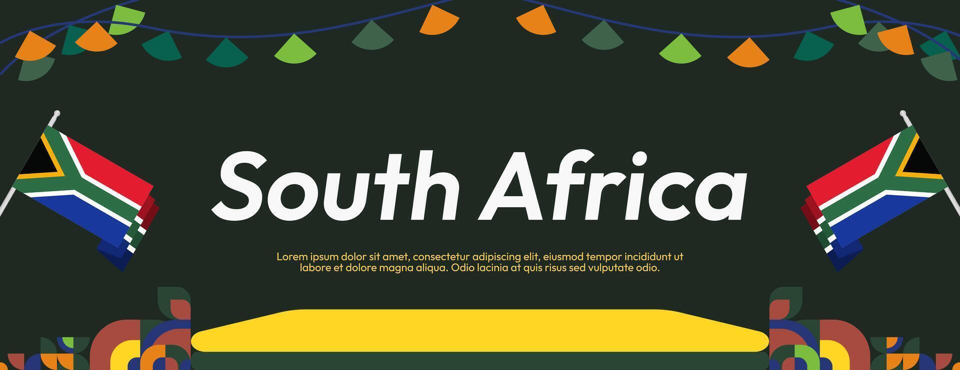 South Africa National Independence Day wide banner. Modern geometric abstract background in colorful style for South Africa day. South African Independence greeting card cover with country flag. vector