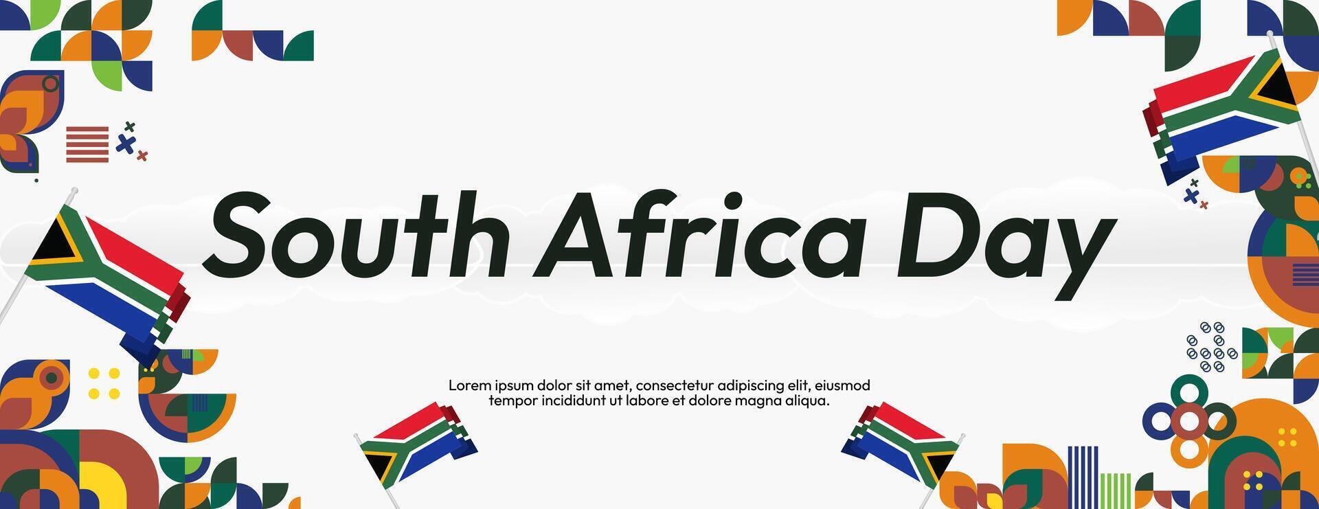 South Africa National Independence Day wide banner. Modern geometric abstract background in colorful style for South Africa day. South African Independence greeting card cover with country flag. vector