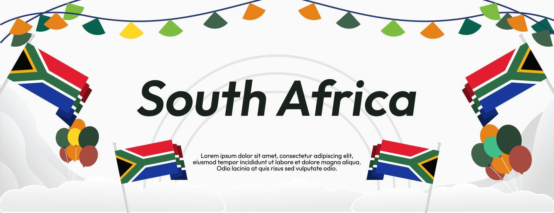 South Africa National Independence Day wide banner. Modern geometric abstract background in colorful style for South Africa day. South African Independence greeting card cover with country flag. vector