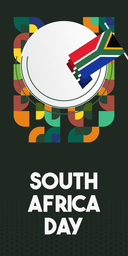 South Africa National Independence Day stand banner. Modern geometric abstract background in colorful style for South Africa day. South African Independence greeting card cover with country flag. vector