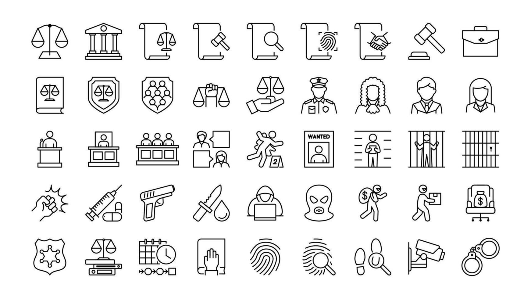 Law and Justice line icons set. Includes Court, Inspector, Lawyer, Guilty, Arrest, and More. vector