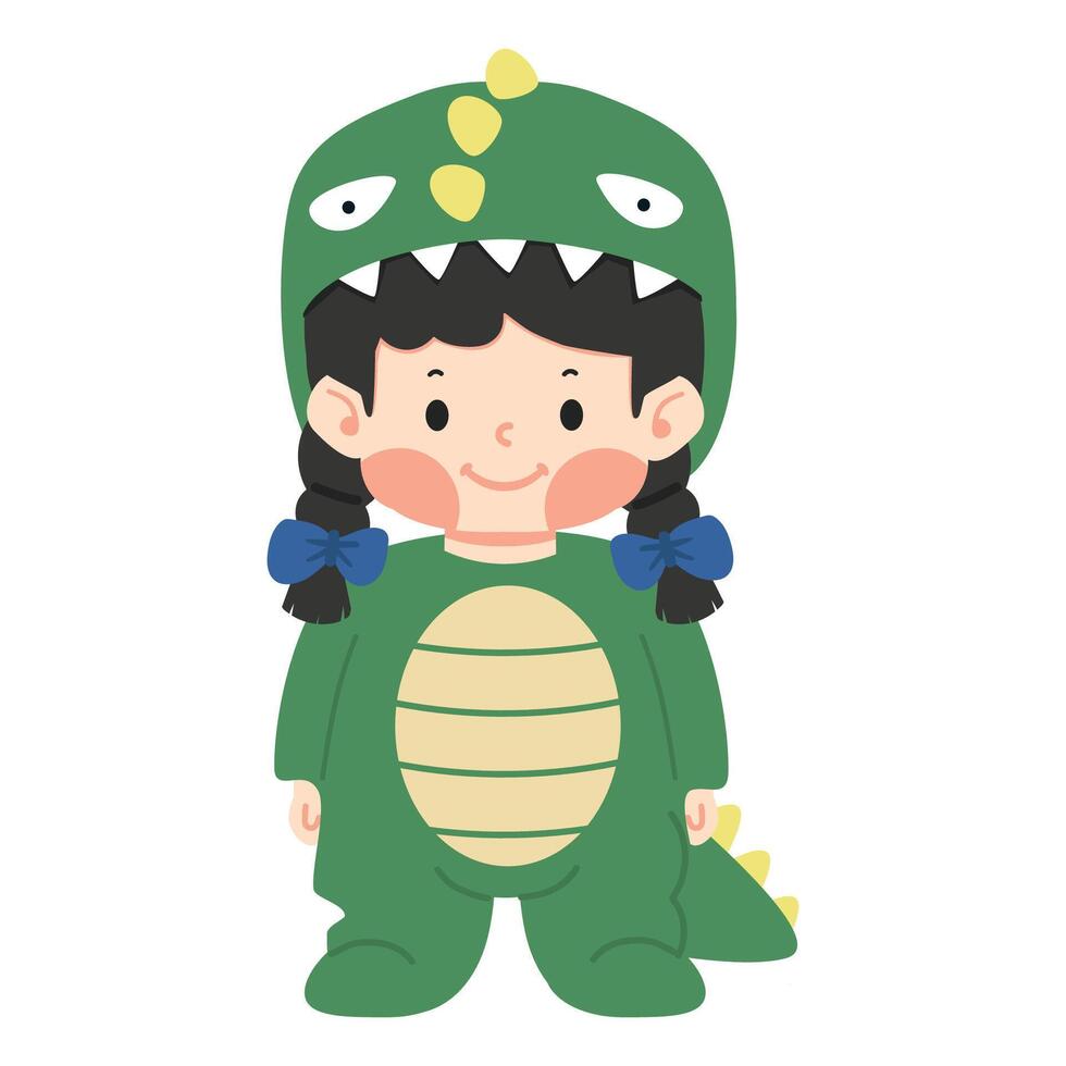 Cute girl in dinosaur costume cartoon vector