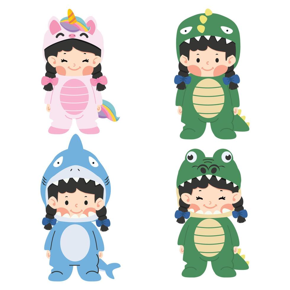cute kid girl in animal costumes set vector