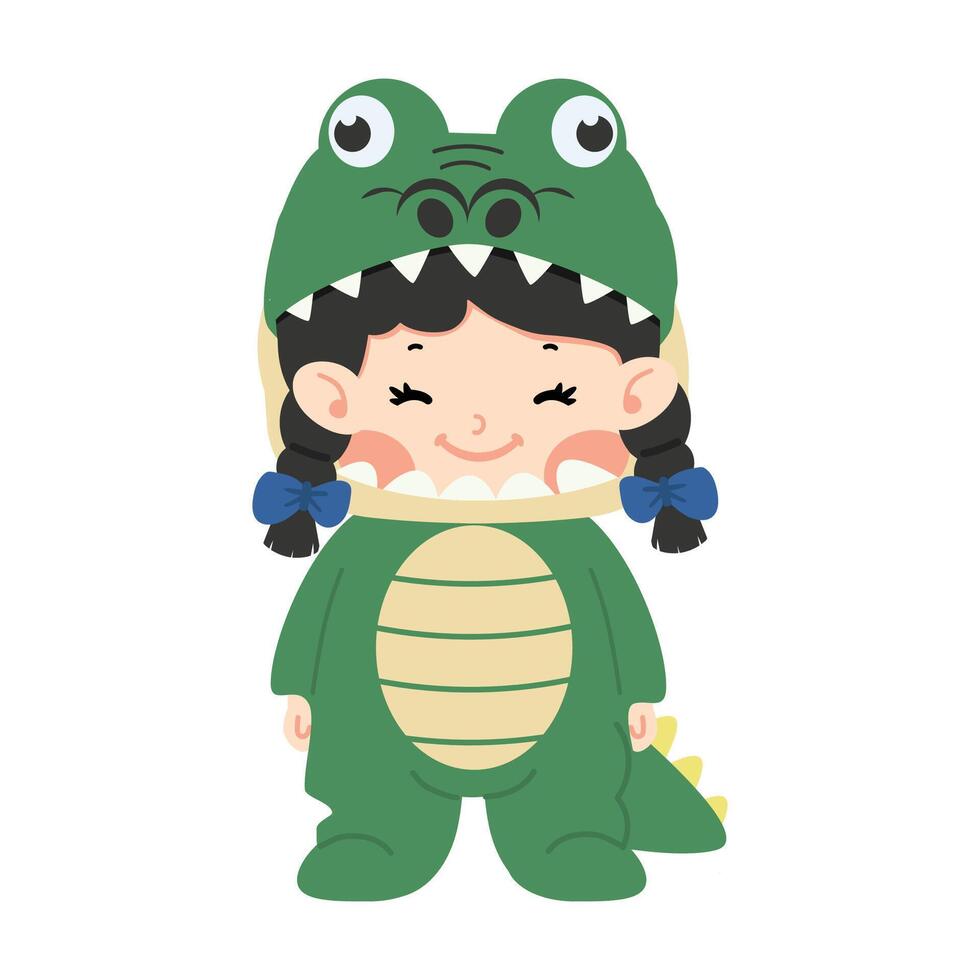 linda niña en cocodrilo disfraz dibujos animados vector