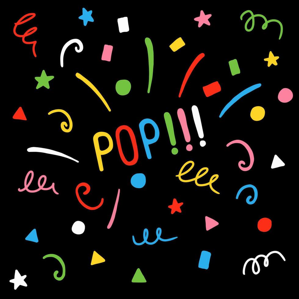 Confetti banner background with colorful serpentine ribbons, place for yours text at the center. Anniversary, celebration, greeting illustration in flat simple cartoon style with fun explosion. vector