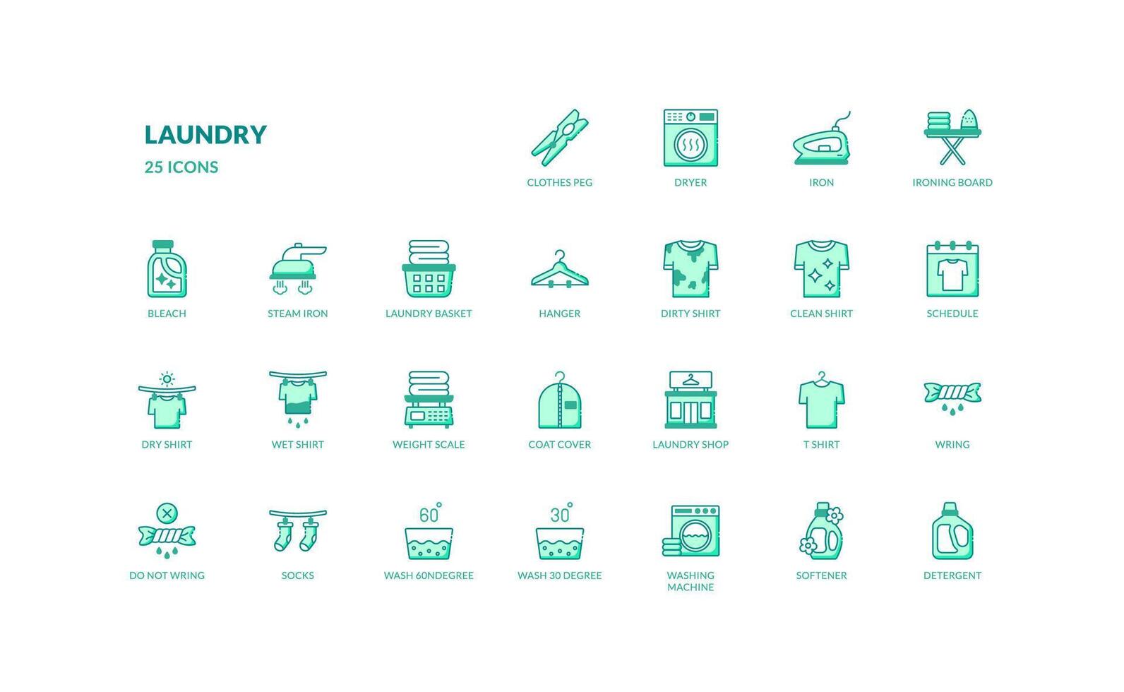 Laundry laundromat household washing and cleaning clothes shirt green filled line icon set vector