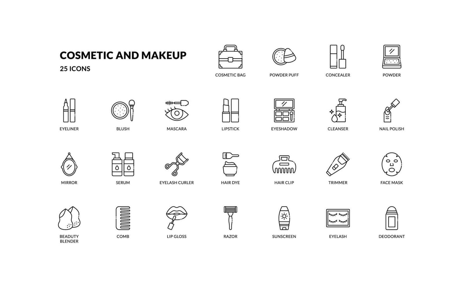 beauty woman cosmetic and makeup skincare face treatment outline line icon set vector