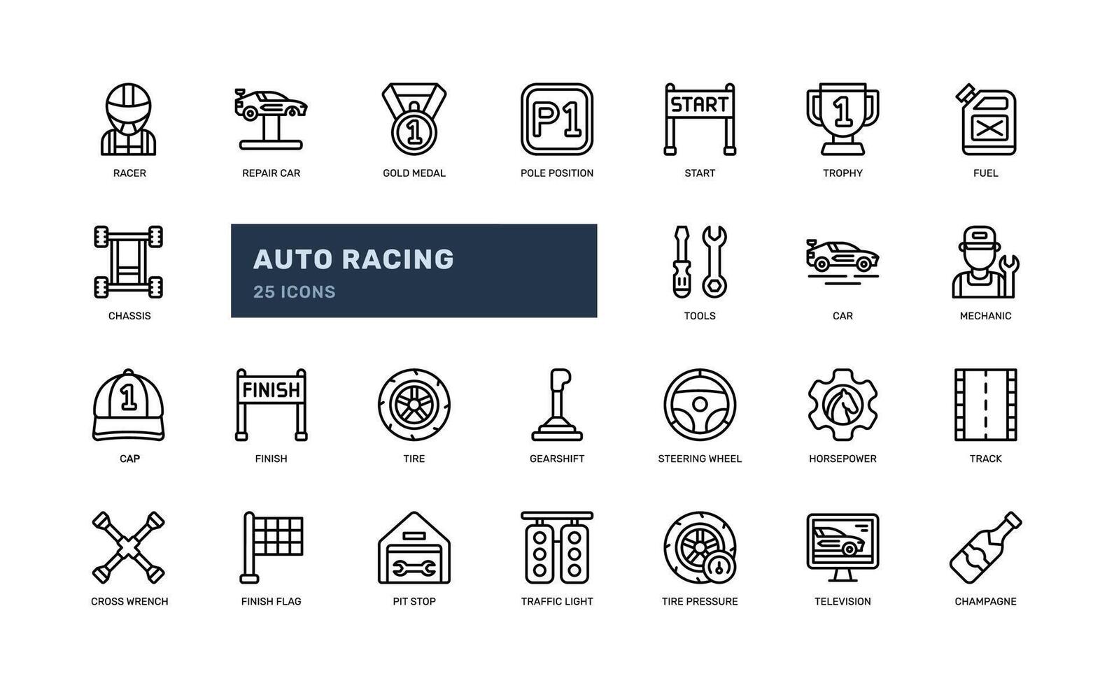 Auto racing car race sport automotive outline line icon set vector