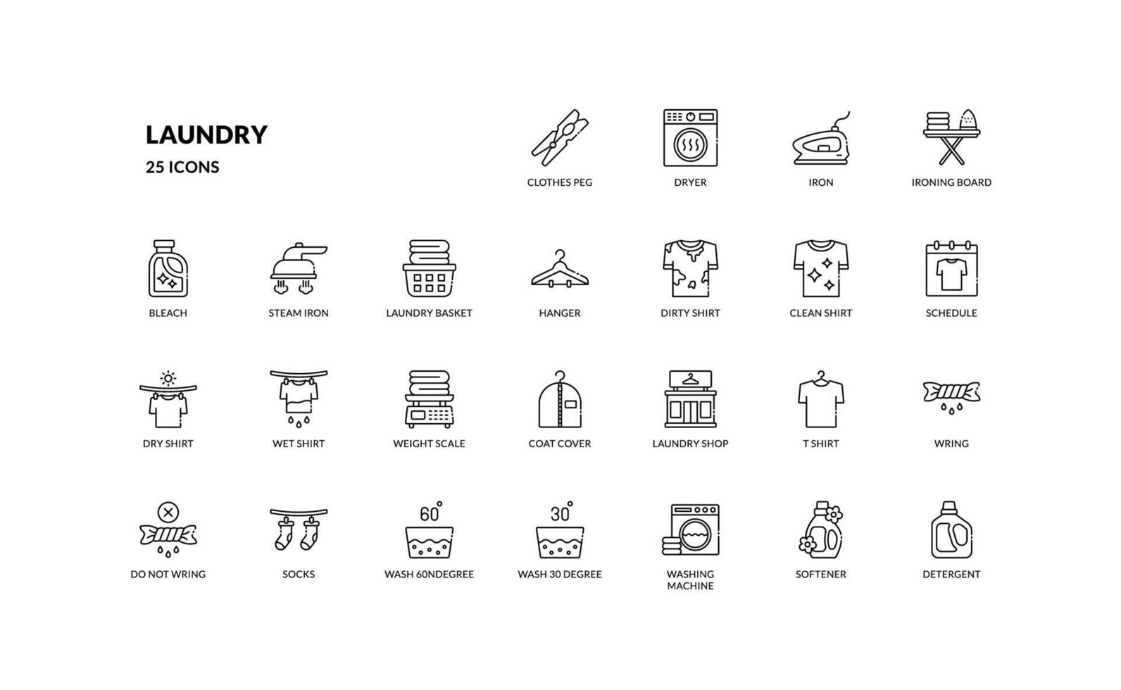 Laundry laundromat household washing and cleaning clothes shirt outline line icon set vector