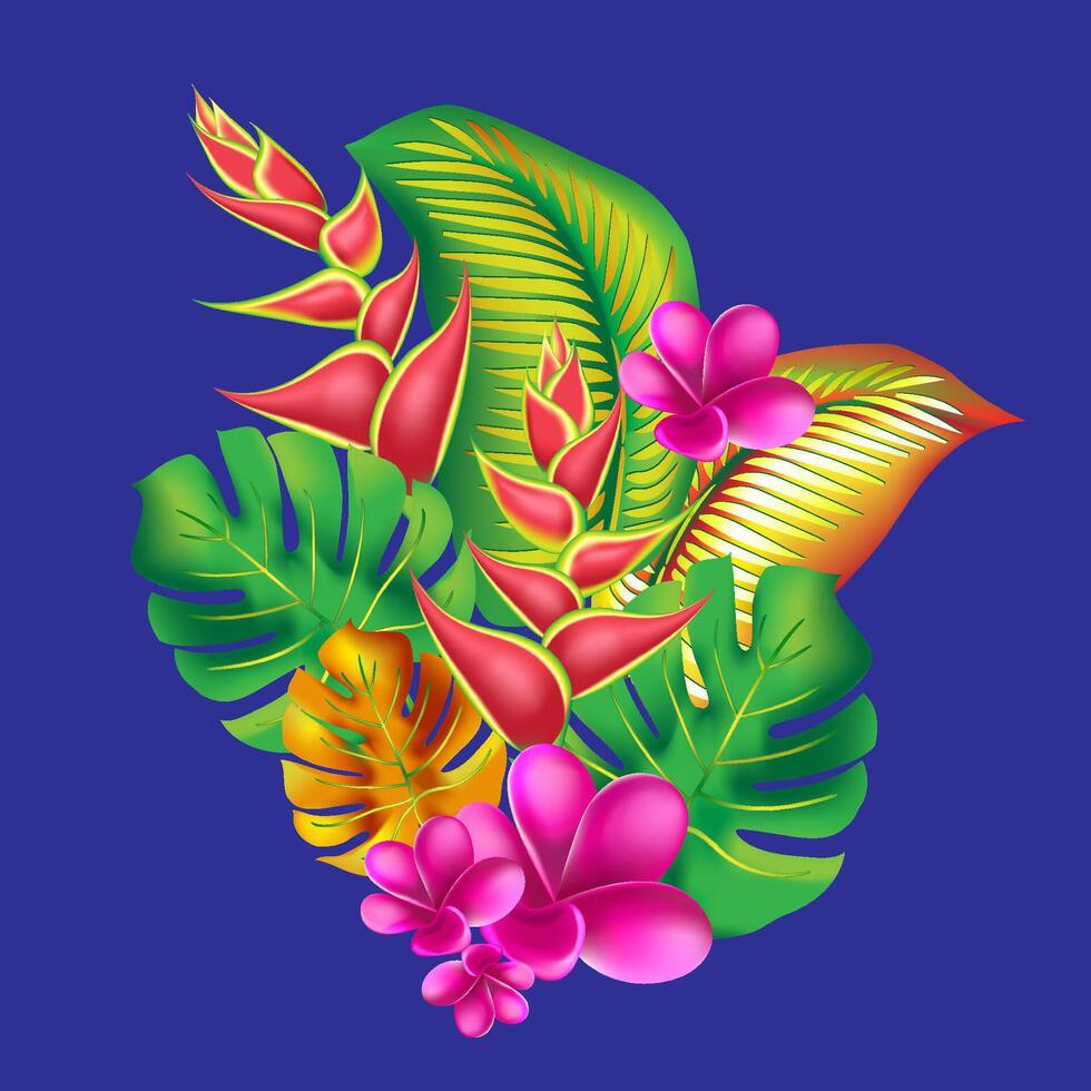 jungle flower,leaves tropic set. isolated elements. Palm leaf, monstera, pink plumeria flower,hibiscus blossom, exotic tropical summer flowers and leaves. vector