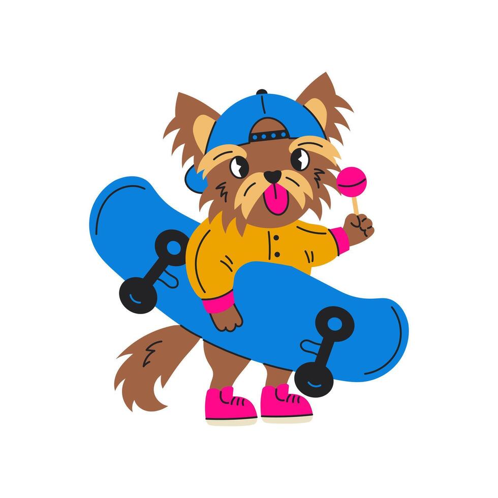 Yorkshire terrier perro participación patineta 90s estilo vector