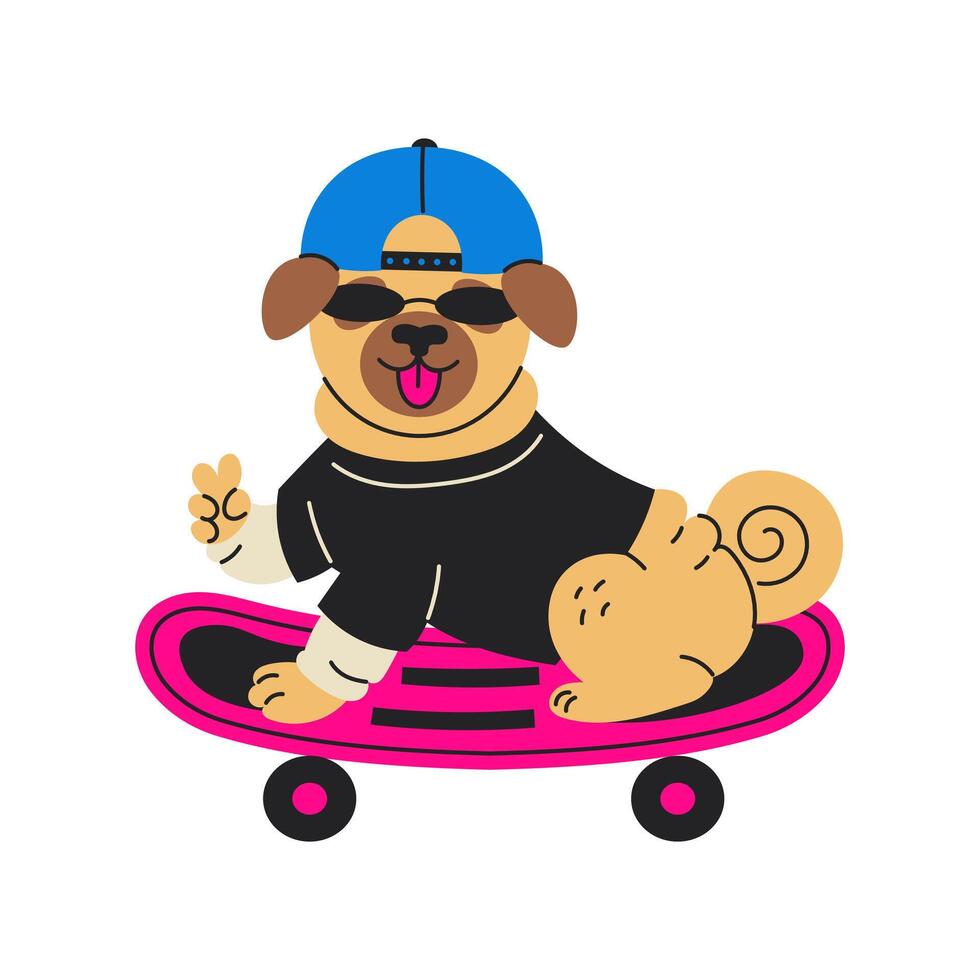 Pug dog skateboard 90s illustration vector