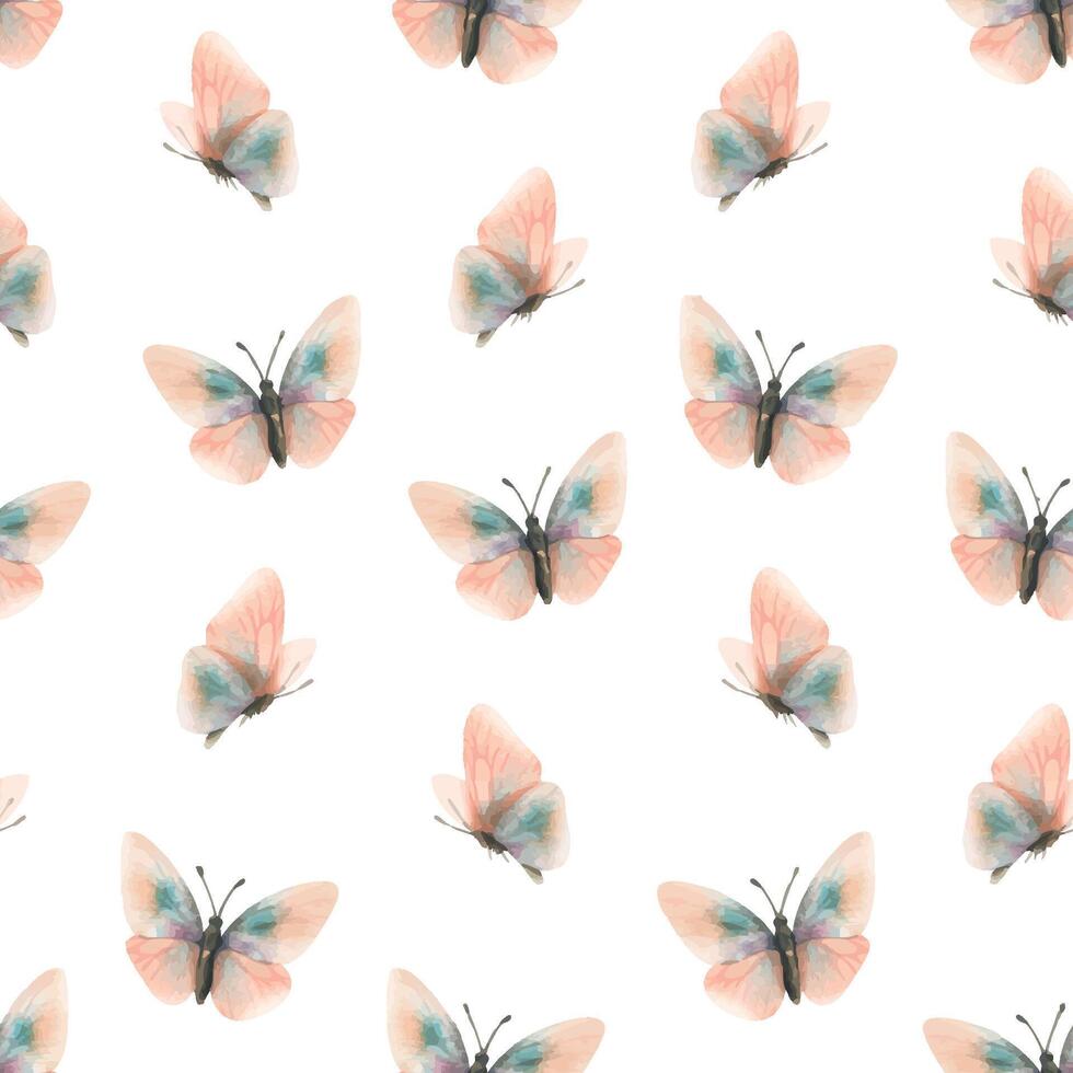 delicado, volador, elegante mariposas en el de moda pastel color melocotón pelusa en un Clásico estilo. mano dibujado acuarela ilustración. sin costura patrón, repitiendo ornamento en un blanco antecedentes vector