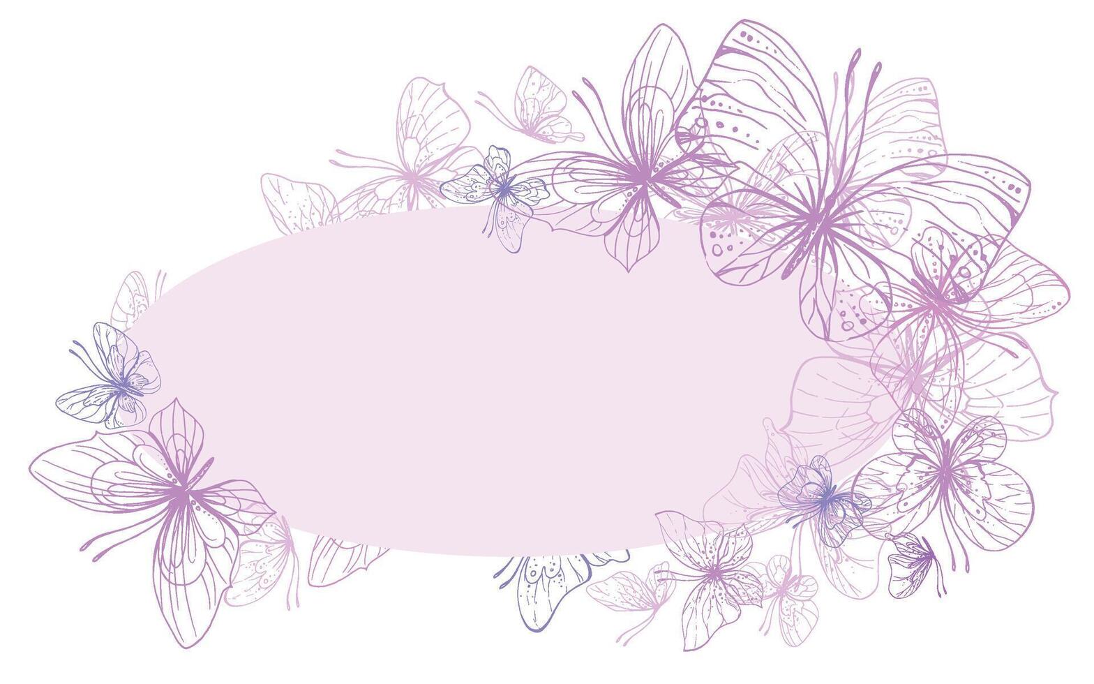 Butterflies are pink, blue, lilac, flying, delicate with wings and splashes of paint. Graphic illustration hand drawn in pink, lilac ink. Oval frame, template EPS vector