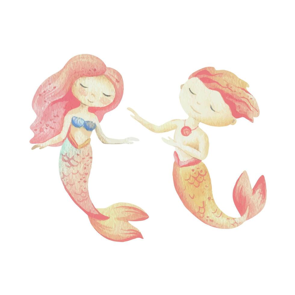 Mermaids is a little boy and girl with tails. Watercolor illustration hand drawn with pastel colors pink, peach, coral. Set of elements isolated from background vector