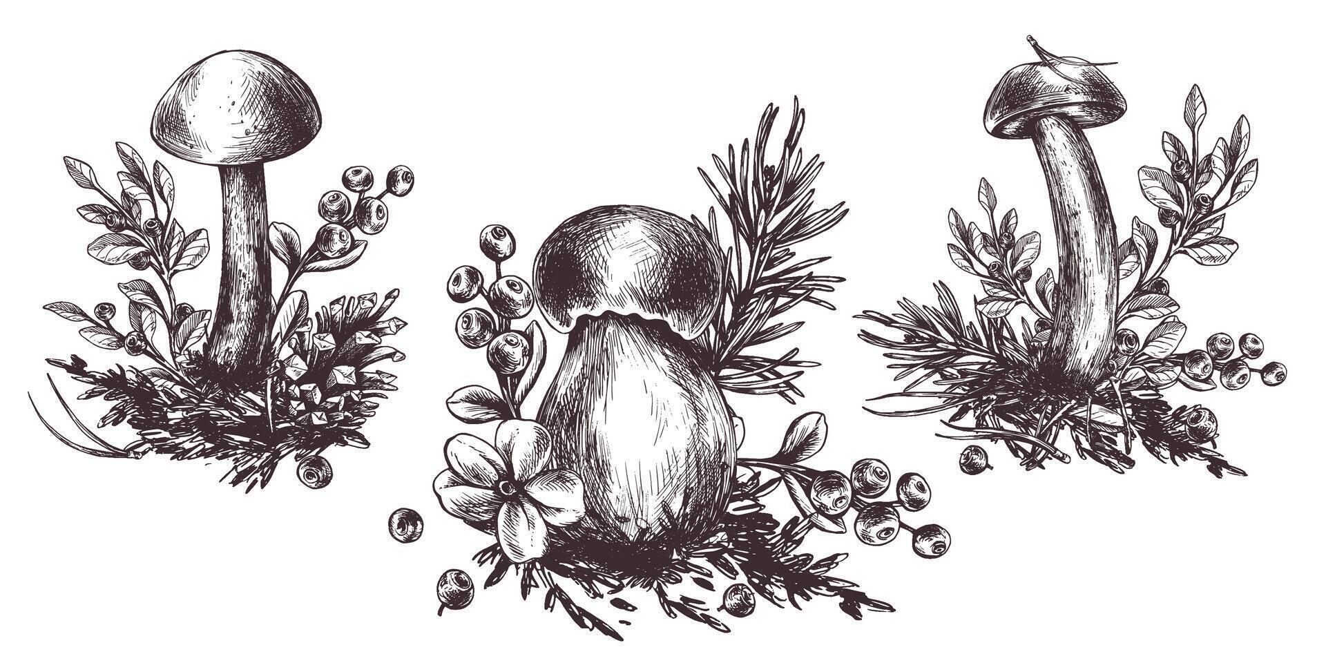 A set of forest mushrooms, boletus, chanterelles and blueberries, lingonberries, twigs, cones, leaves. Graphic illustration hand drawn in black ink. EPS . vector