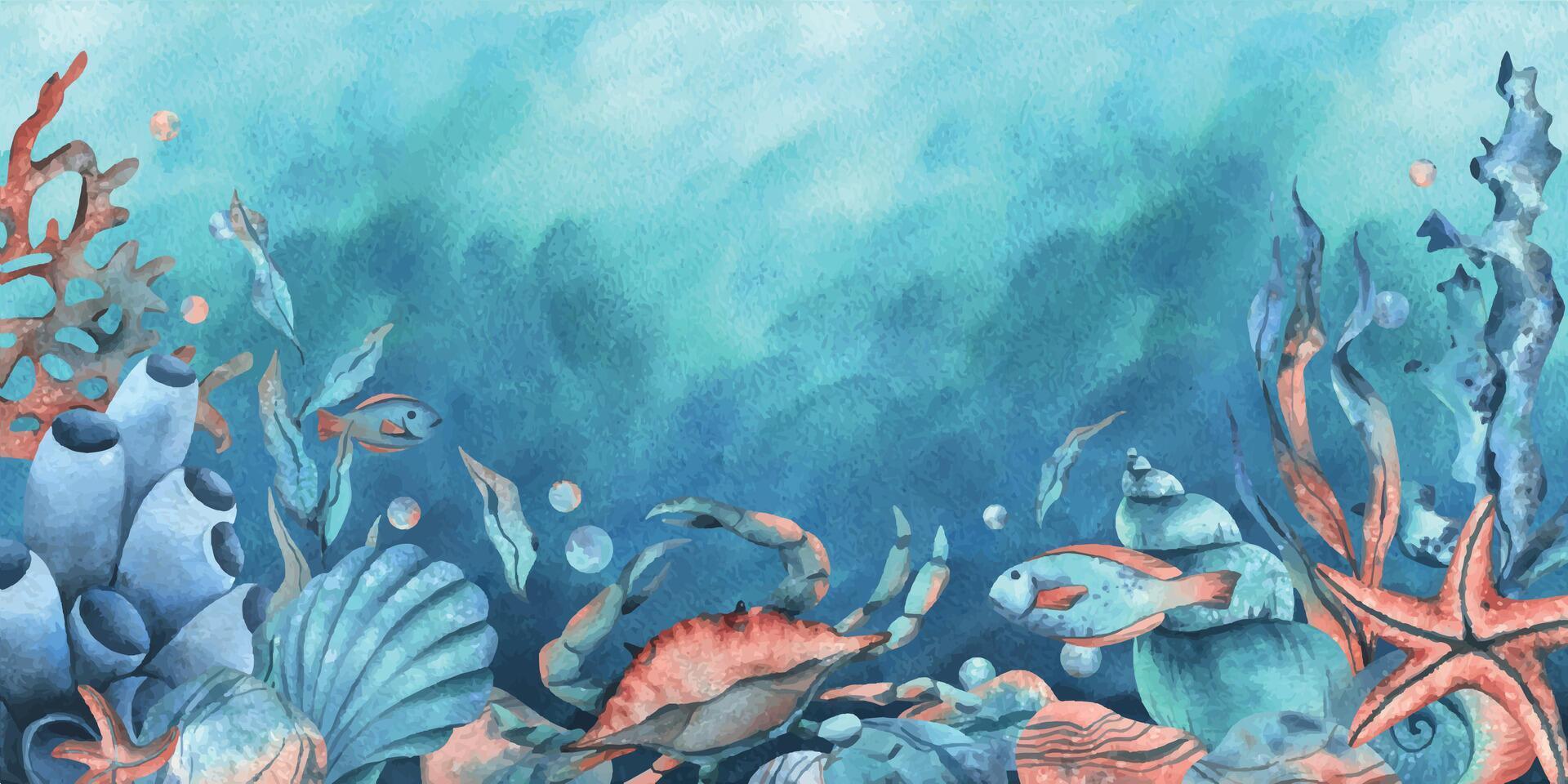 submarino mundo clipart con mar animales ballena, tortuga, pulpo, caballo de mar, estrella de mar, conchas, coral y algas. mano dibujado acuarela ilustración. borde, plantilla, marco en un azul marina antecedentes. vector