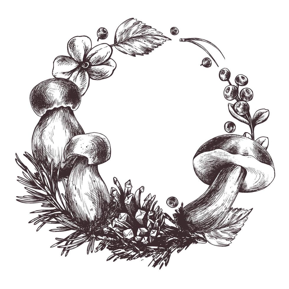 Forest mushrooms, boletus and blueberries, lingonberries, twigs, cones, leaves. Graphic illustration hand drawn in black ink. Wreath, frame, template EPS . vector