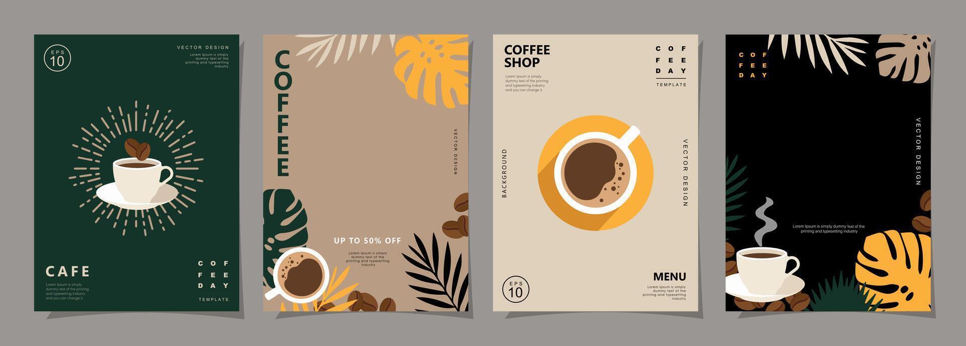 Set of minimal background templates with coffee beans and coffee mug for invitations, cards, banner, brochure, poster, cover, cafe menu or another design. vector