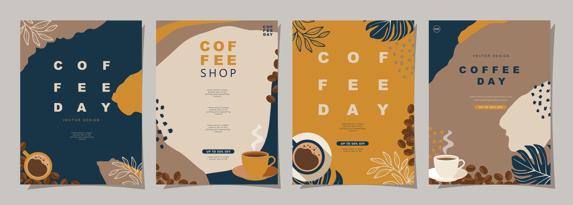 Set of minimal background templates with coffee beans and coffee mug for invitations, cards, banner, brochure, poster, cover, cafe menu or another design. vector