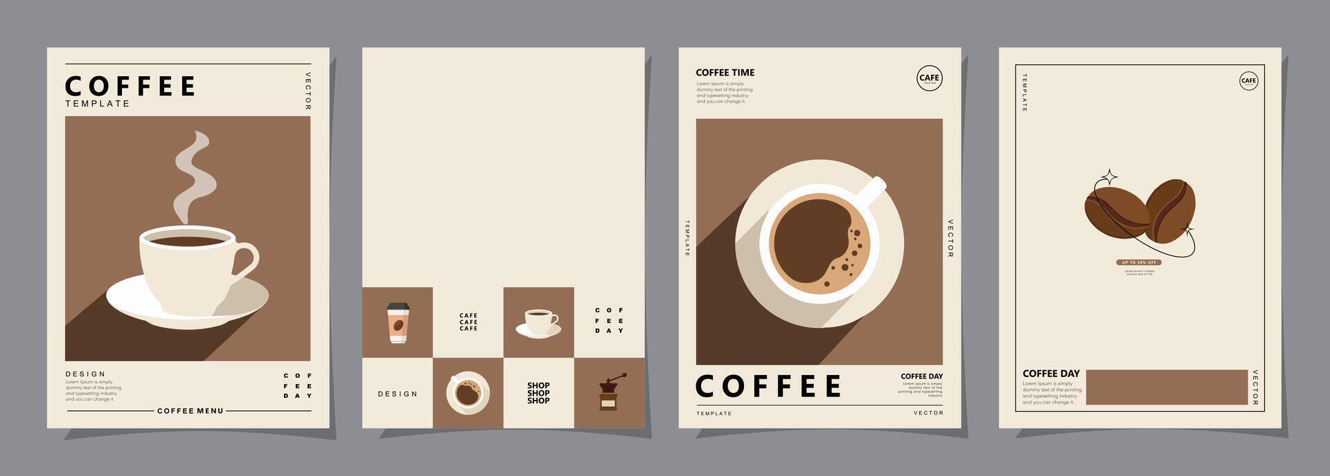 Set of minimal background templates with coffee beans and coffee mug for invitations, cards, banner, brochure, poster, cover, cafe menu or another design. vector