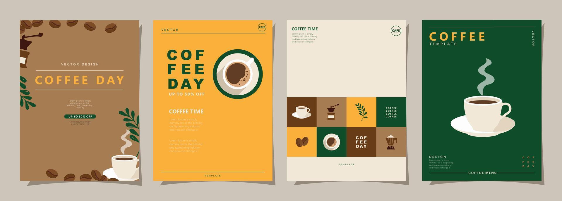 Set of minimal background templates with coffee beans and coffee mug for invitations, cards, banner, brochure, poster, cover, cafe menu or another design. vector