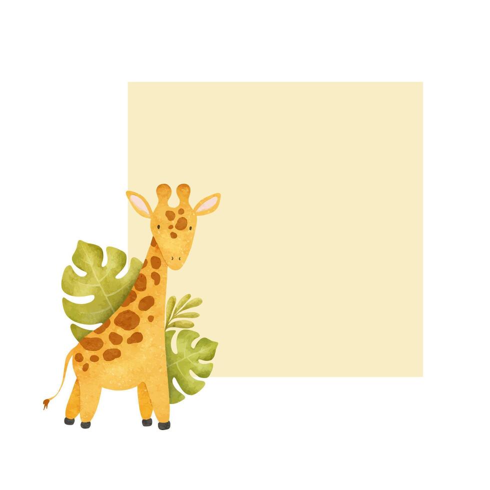 Frame Of Cute baby giraffe and tropical leaves. Funny kid's isolated hand drawn watercolor background. A design for children's invitation cards, baby shower, decoration of kid's rooms vector