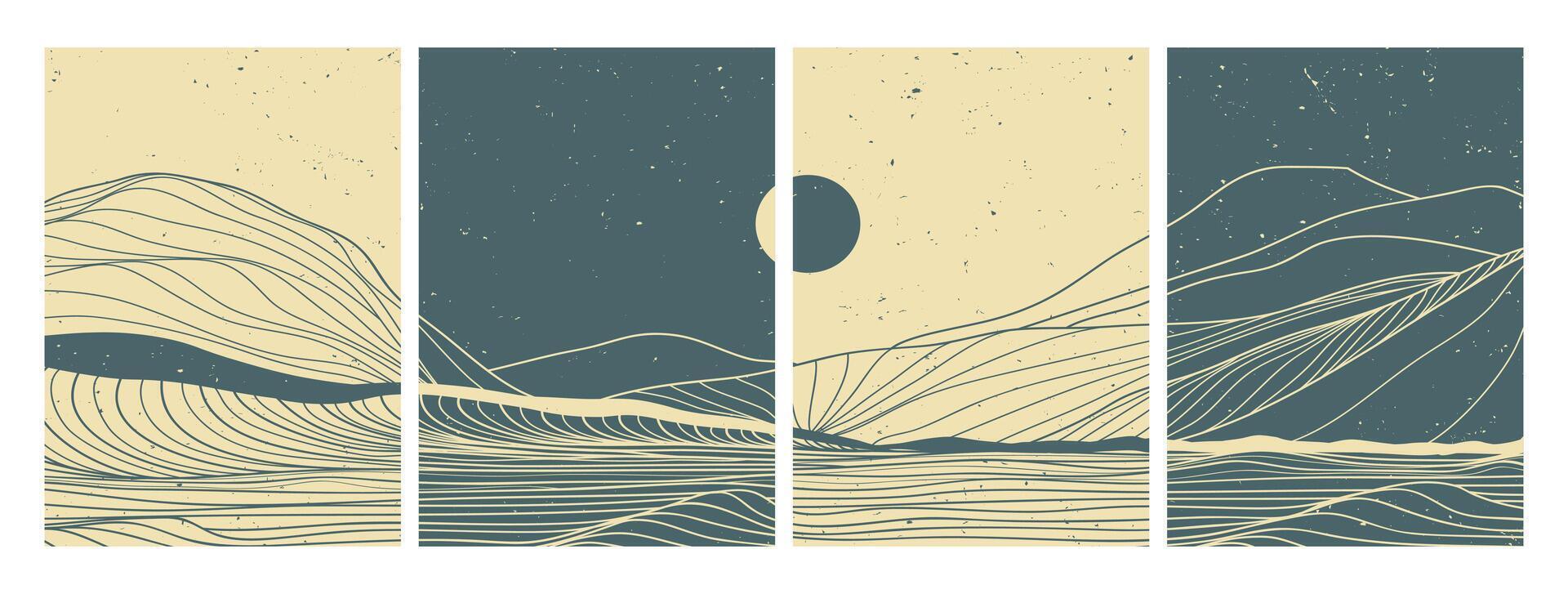 Hand drawn line art illustration of mountain and ocean waves on set. Abstract mountain contemporary aesthetic background landscape. used for art prints, posters, covers, banners vector
