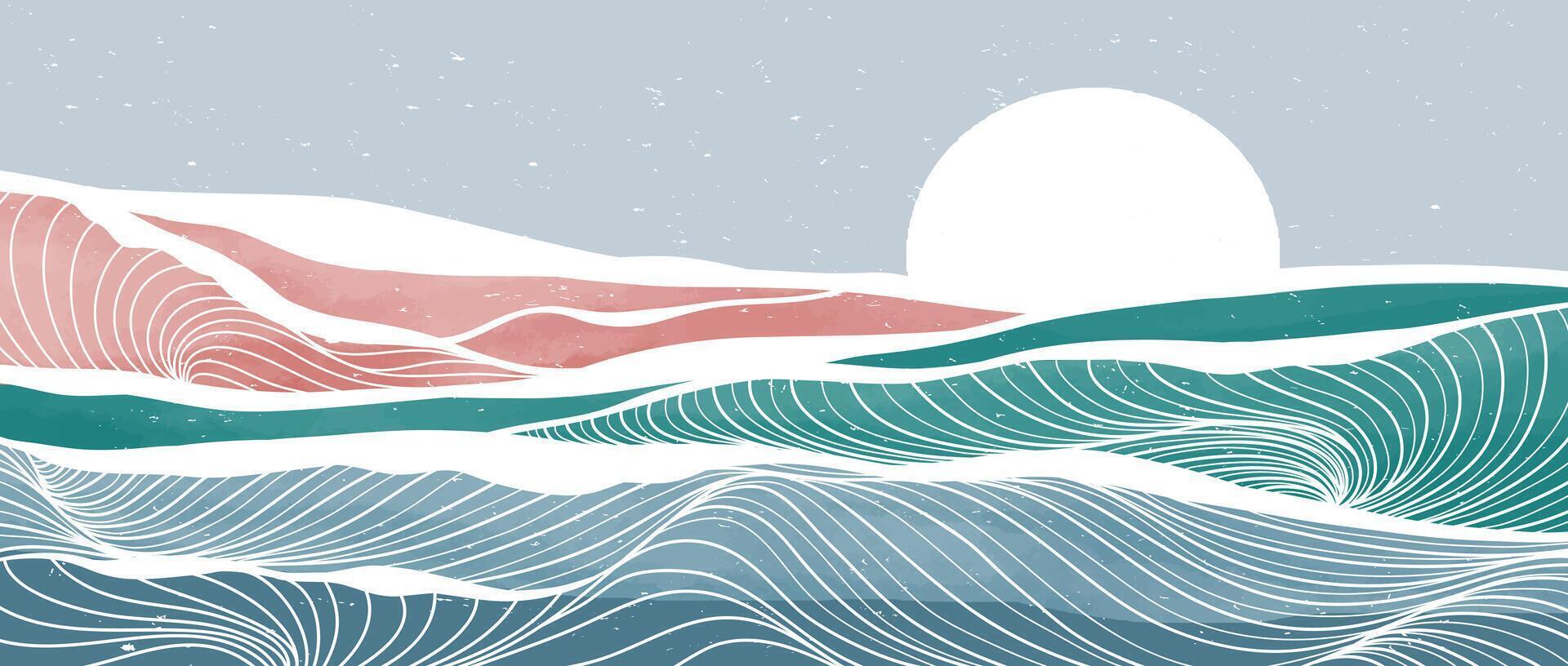 Ocean waves illustrations. Creative minimalist modern paint and line art print. Abstract contemporary aesthetic backgrounds landscapes. with sea, skyline, wave vector