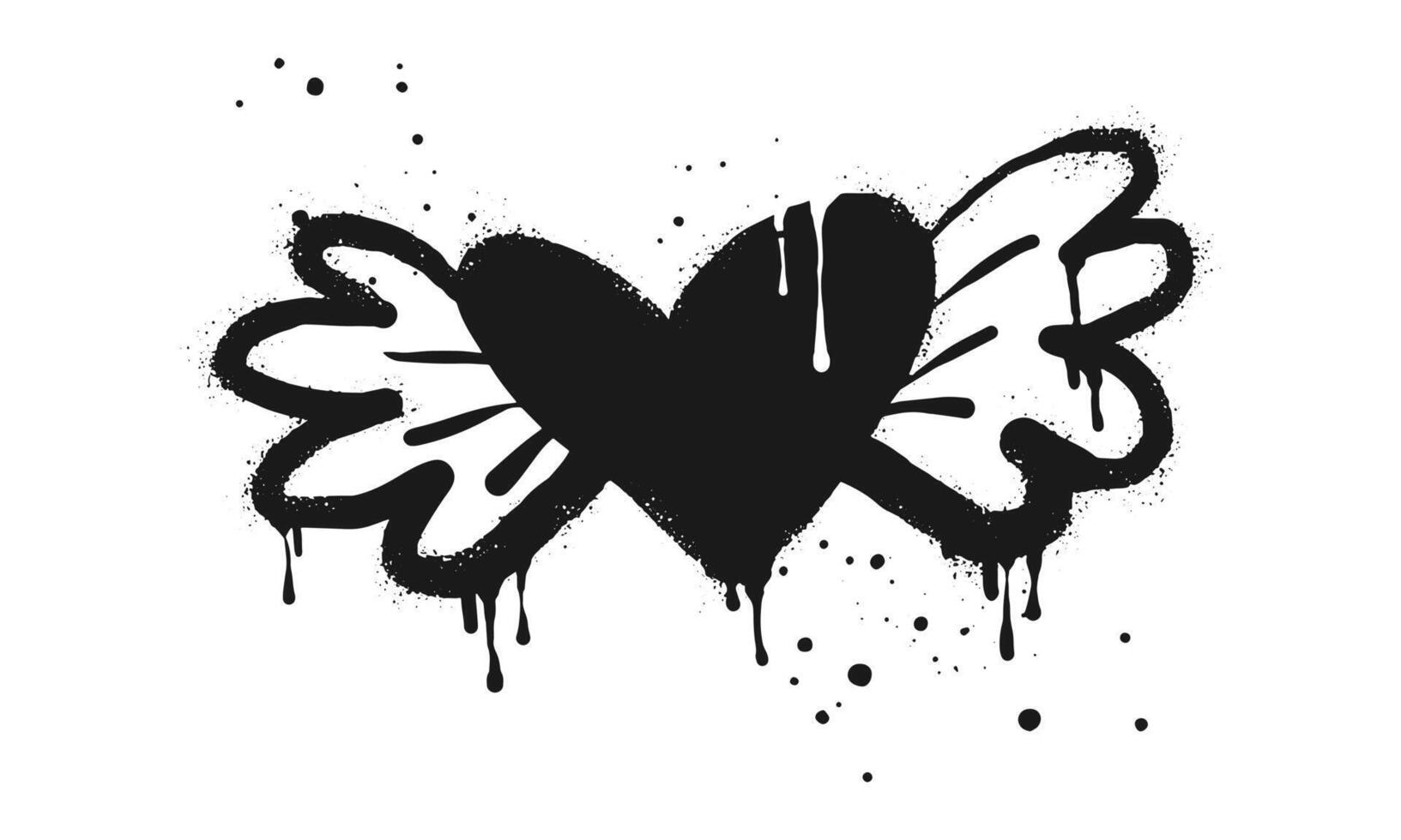 Spray painted graffiti flying heart with wings icon in black over white. Heart with wings drip symbol. isolated on white background. illustration vector