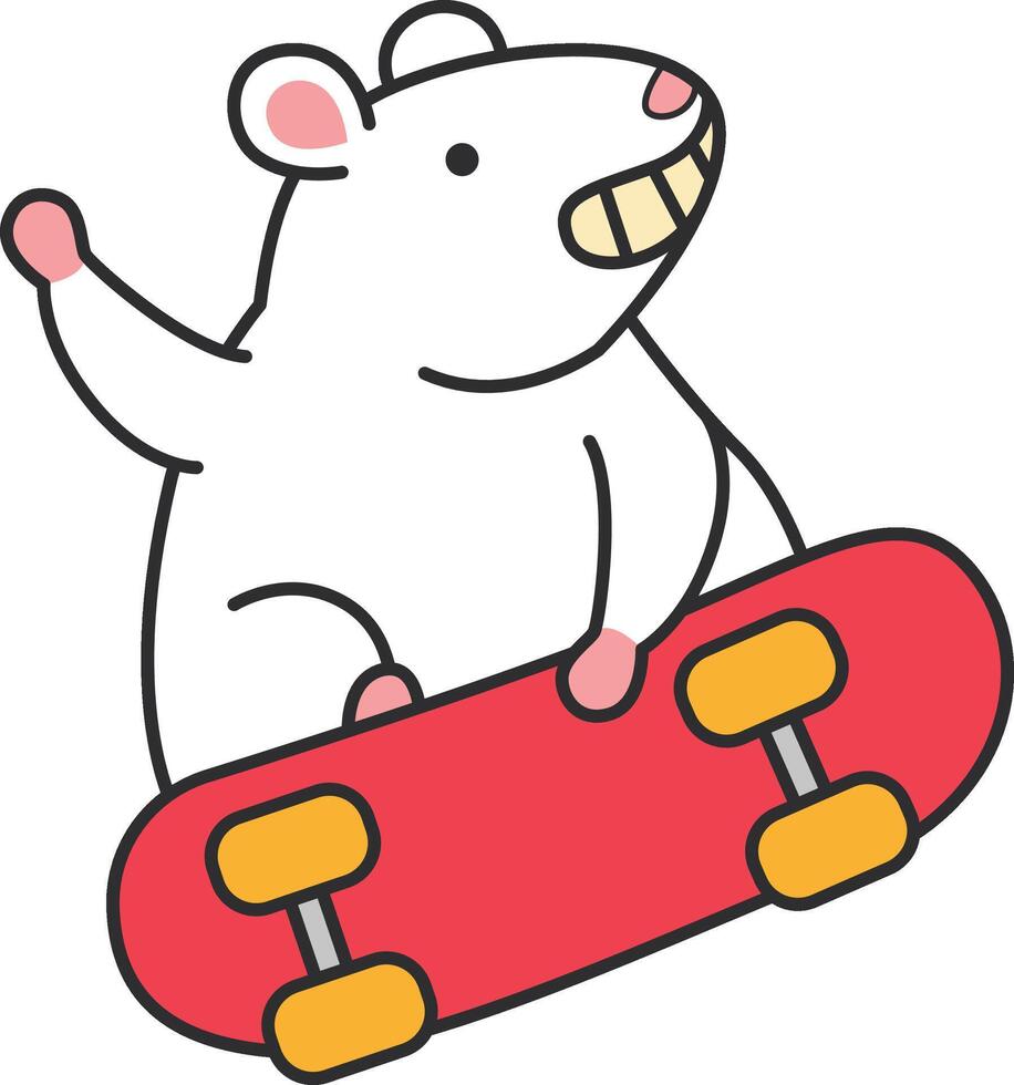 linda dibujos animados blanco ratón montando un patineta vector