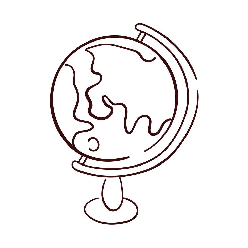 Globe on stand for desk in line art style. Outline educational school equipment. Illustration on a white background. vector