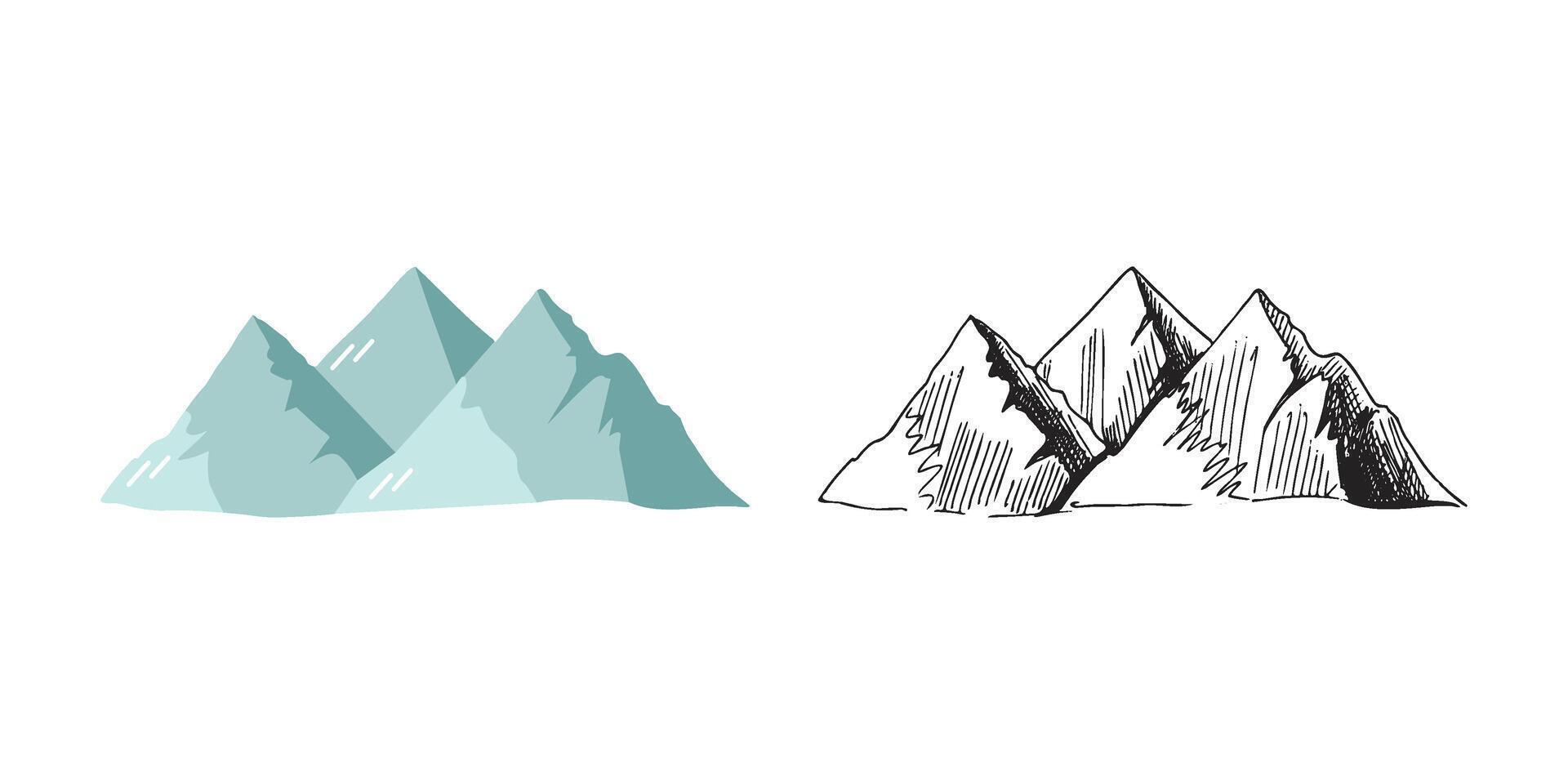 Cute hand drawn mountains. Flat and outline black illustration isolated on white background. Doodle drawing. vector