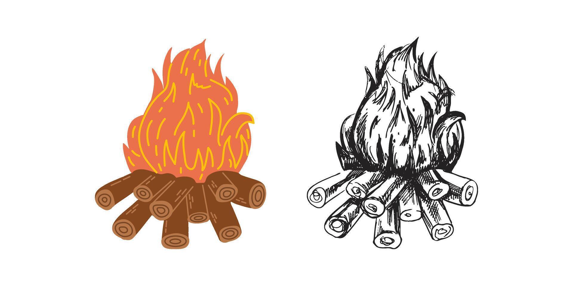 Cute hand drawn bonfire. Flat and outline black object isolated on white background. Doodle drawing. vector