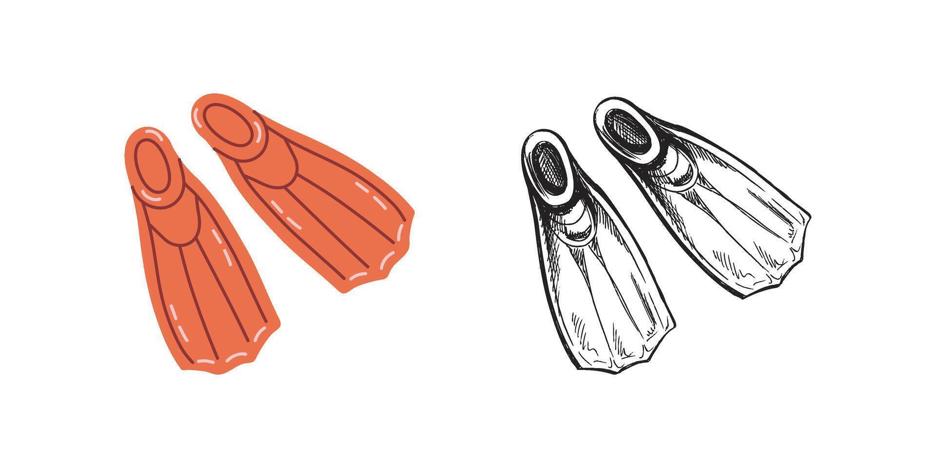 Cute hand drawn diving fins. Flat and outline black illustration isolated on white background. Doodle drawing. vector