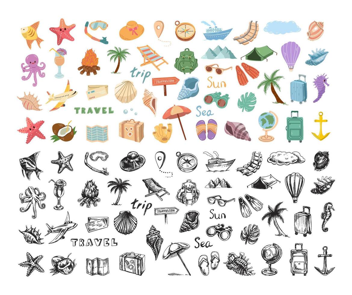 A cute set of hand-drawn colored and contour-black travel icons. Badges for hiking and hiking adventures. A clipart with travel elements, bags, transport, camera, map, palm, seashells. vector