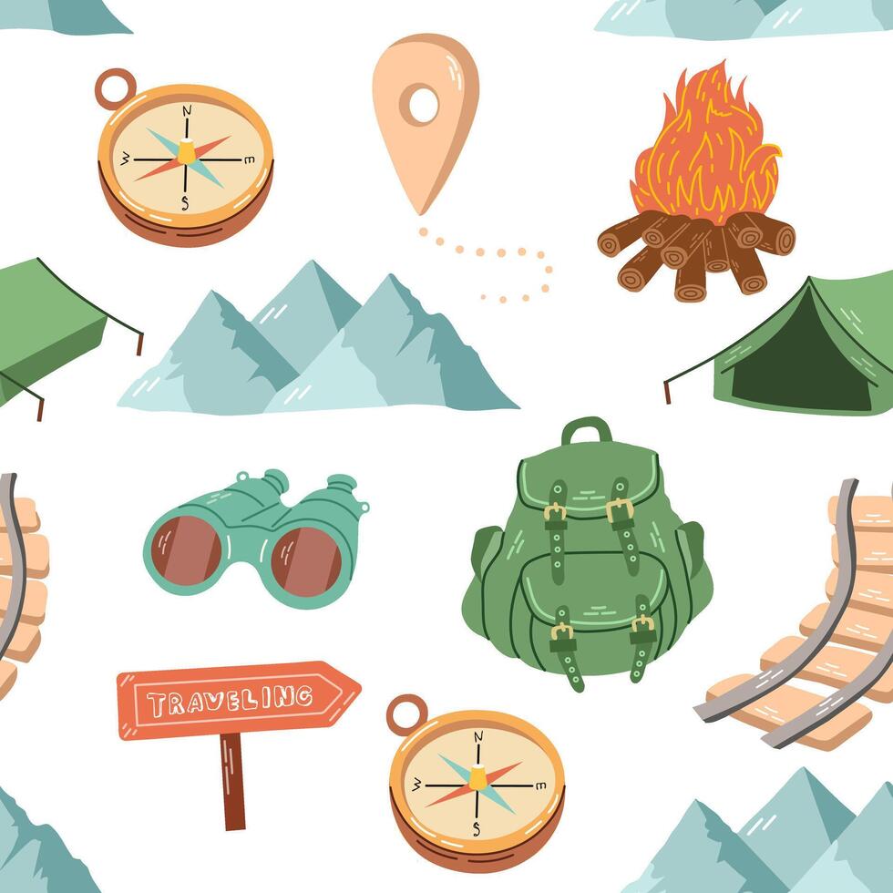 Cute seamless pattern with travelling elements. A drawing for tourism and hiking adventures. A clipart with elements of travel, mountains, a campfire, a backpack, binoculars, a compass, a tent. vector