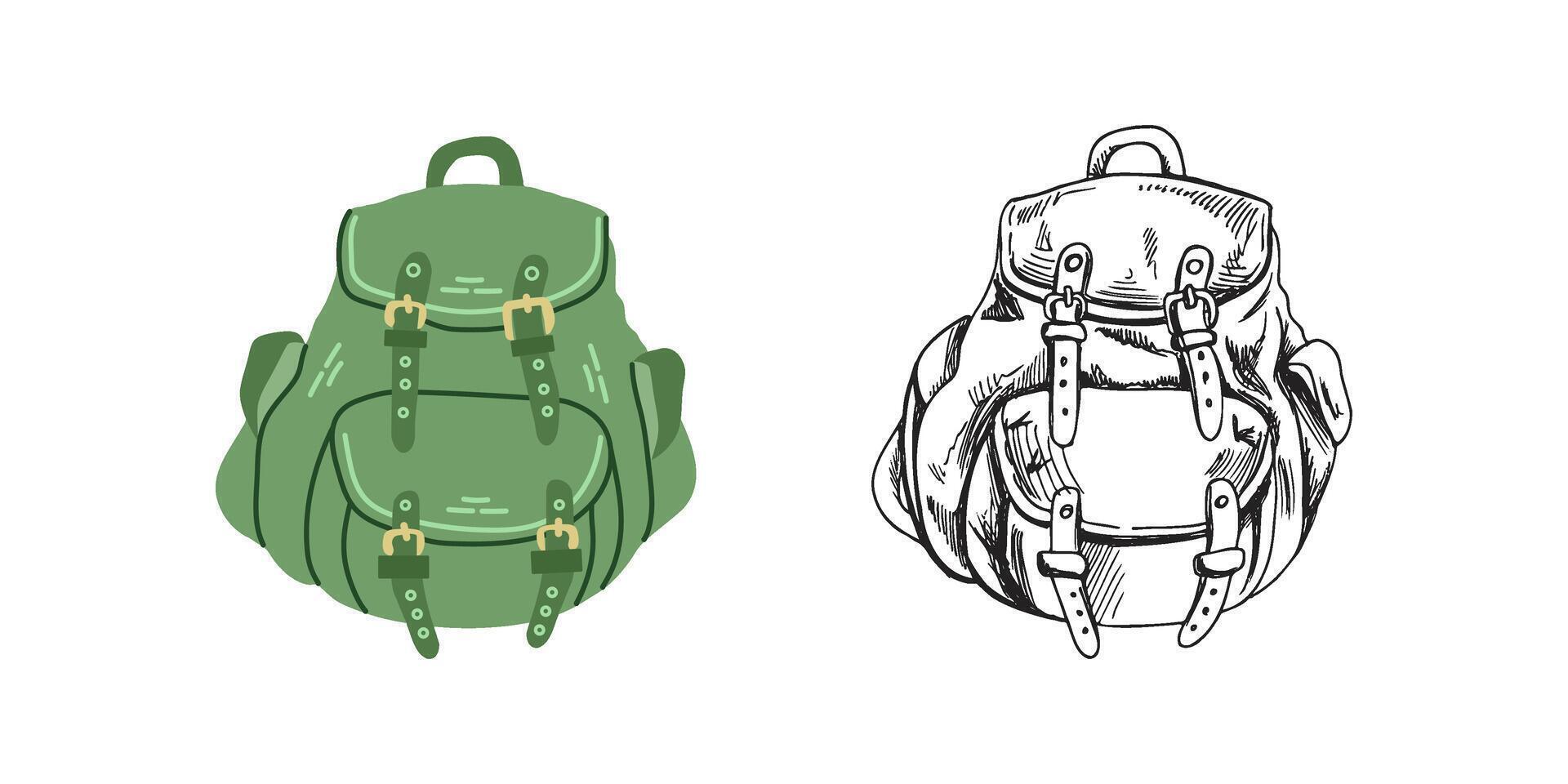 Cute hand drawn camping backpack. Flat and outline black illustration isolated on white background. Doodle drawing. vector