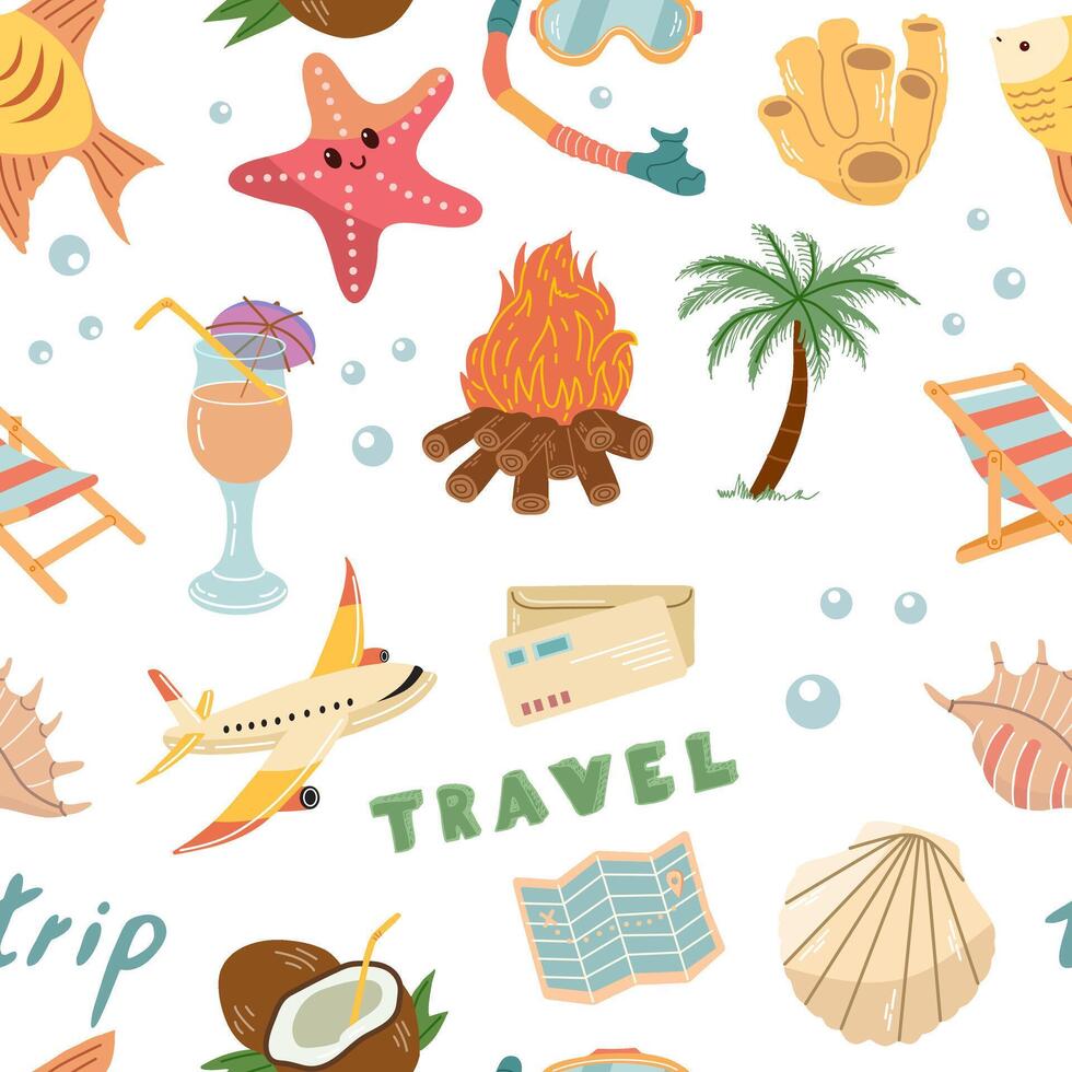 Hand-drawn color seamless travel pattern. Tourism and hiking. A clipart with travel elements. vector