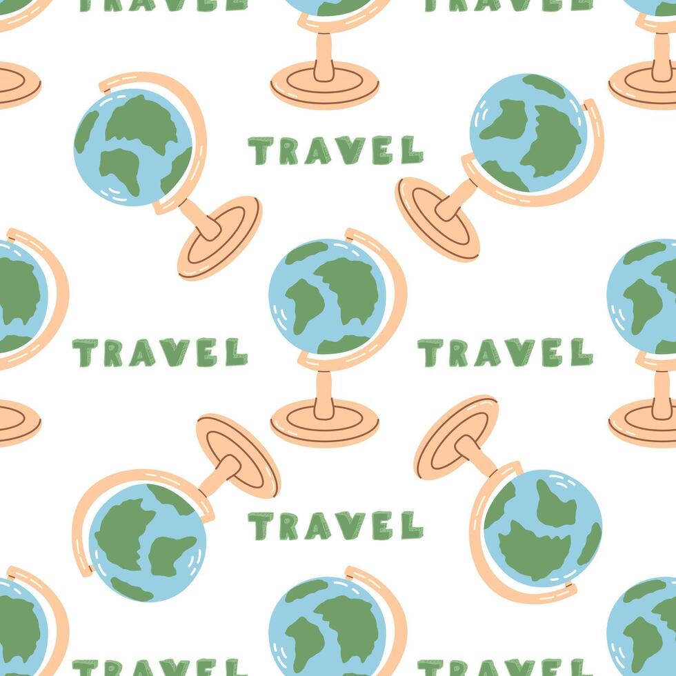 Cute globe seamless pattern. Flat illustration isolated on white background. Doodle drawing. vector