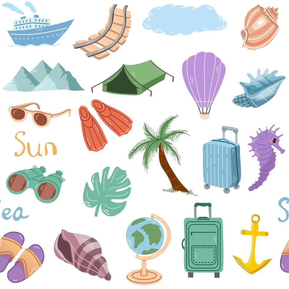 Hand-drawn color seamless travel pattern. Tourism and hiking. A clipart with travel elements. vector