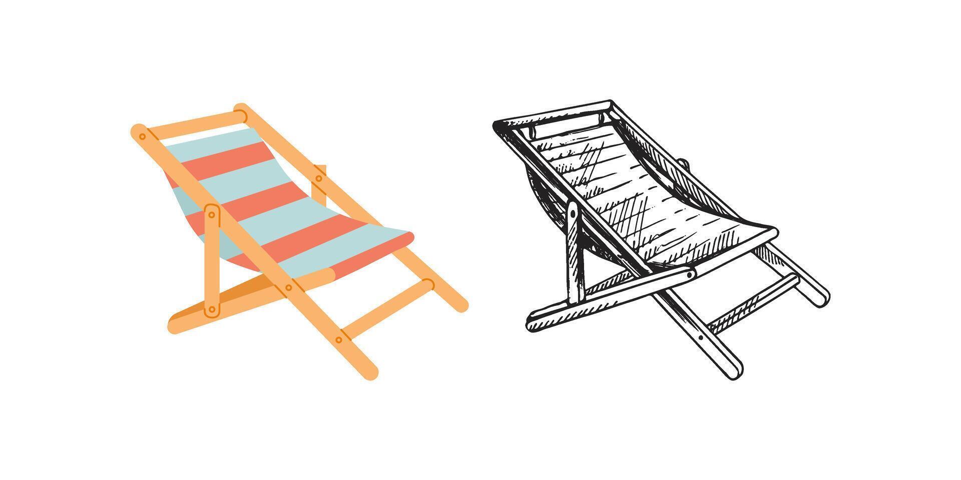 Cute hand drawn beach chair. Flat and outline black illustration isolated on white background. Doodle drawing. vector