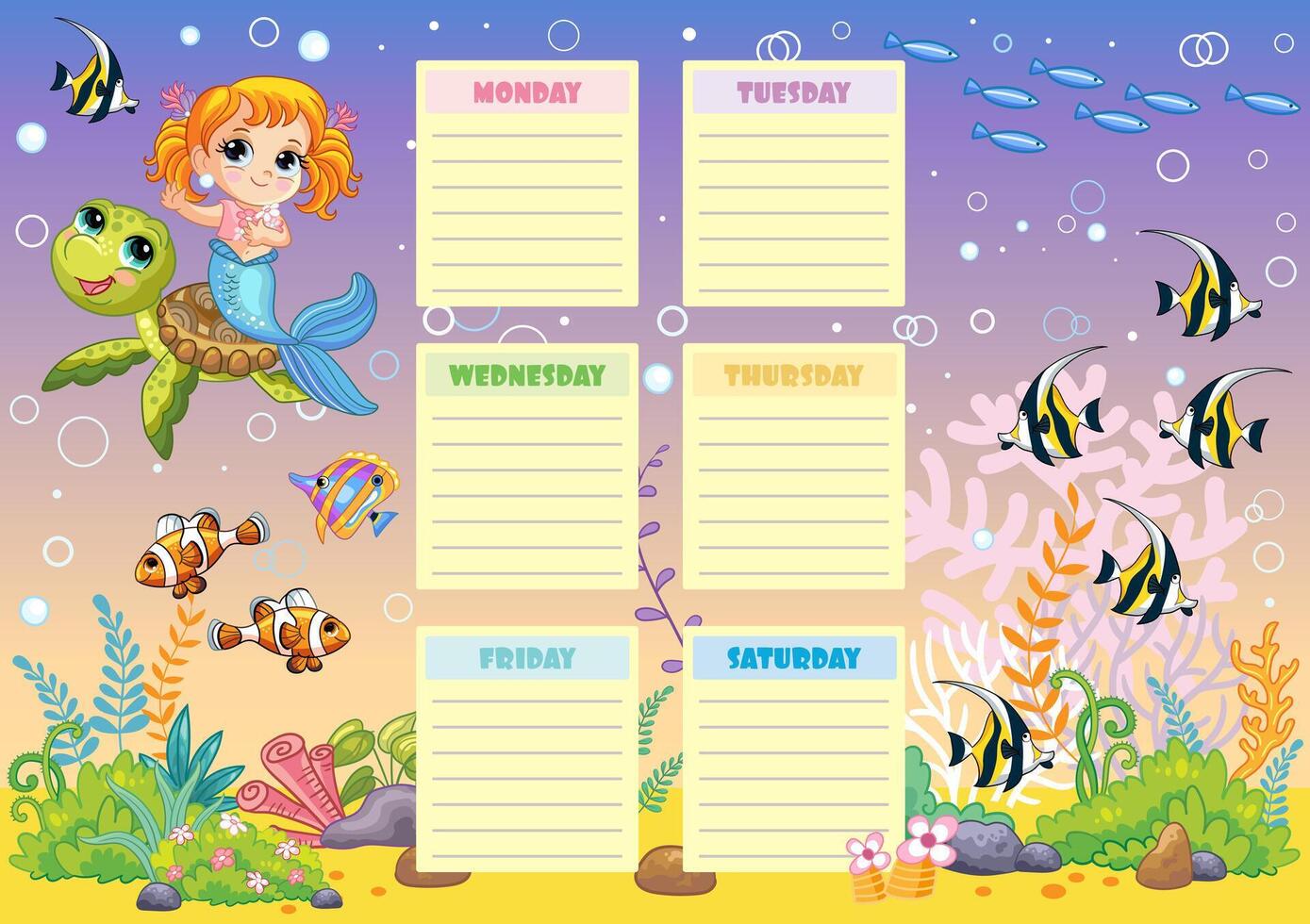 niños colegio calendario semanal planificador con linda sirena vector