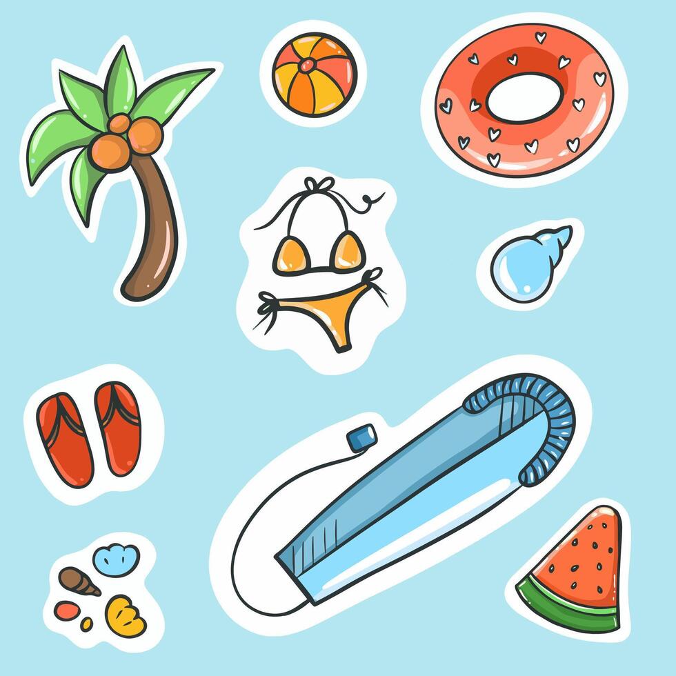 Set cute summer holiday beach elements. Hello summer Cartoon vector