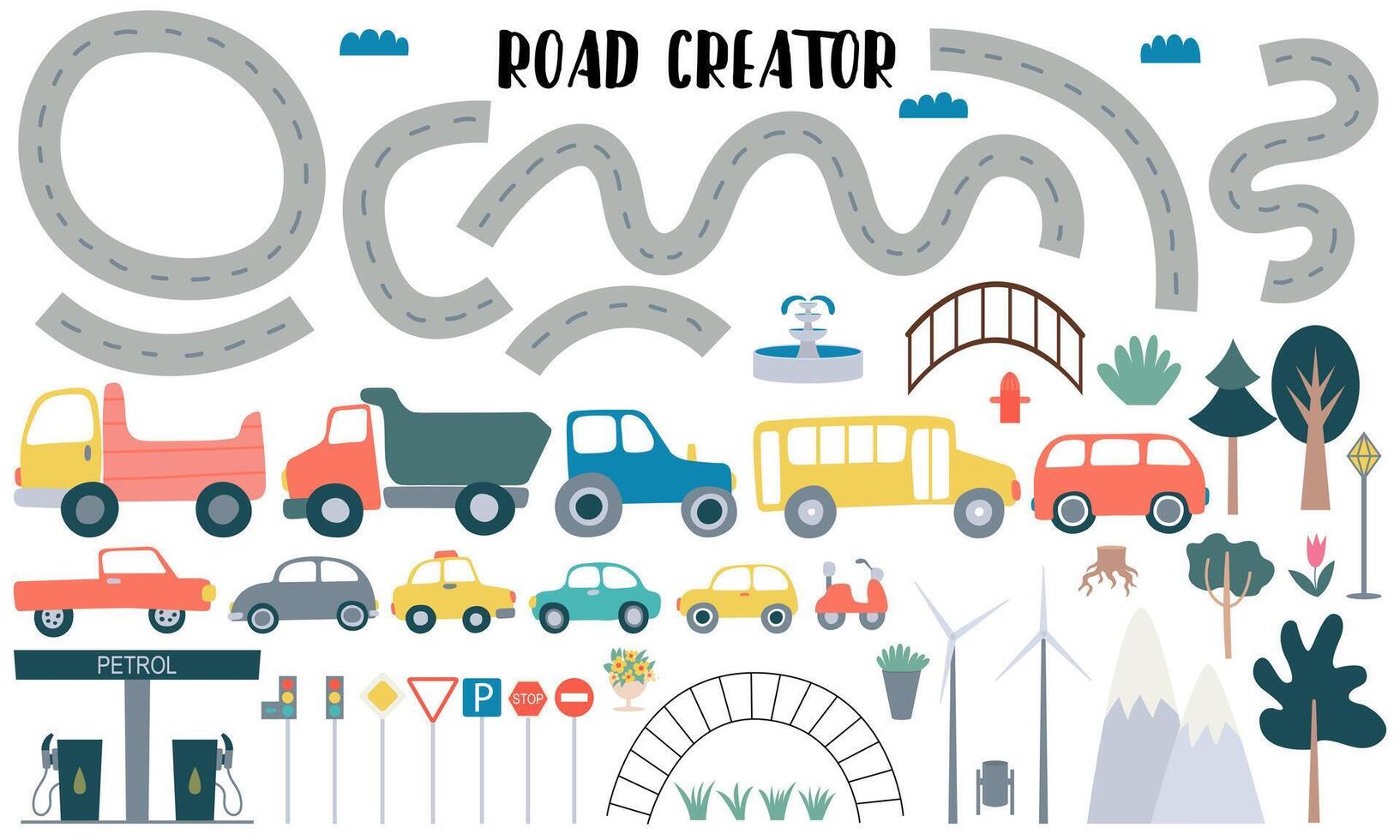 Road creator kids collection. Set of cute vehicles and road signs. Hand drawn transport set for kids design vector