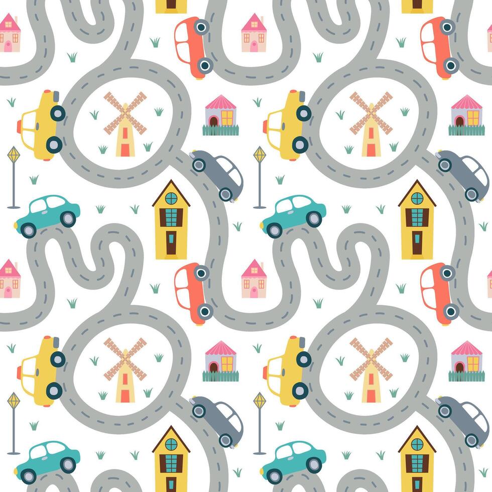 Cute flat style road map with houses and cars seamless pattern vector