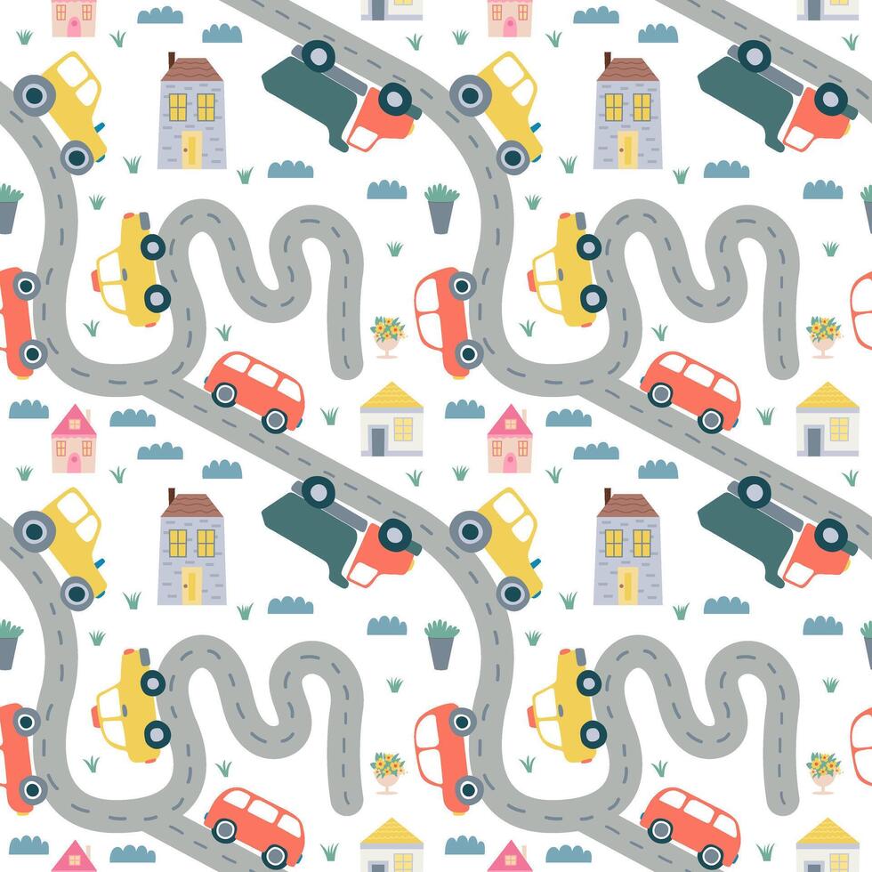 Children road map with cars and houses on white background. flat road map background vector