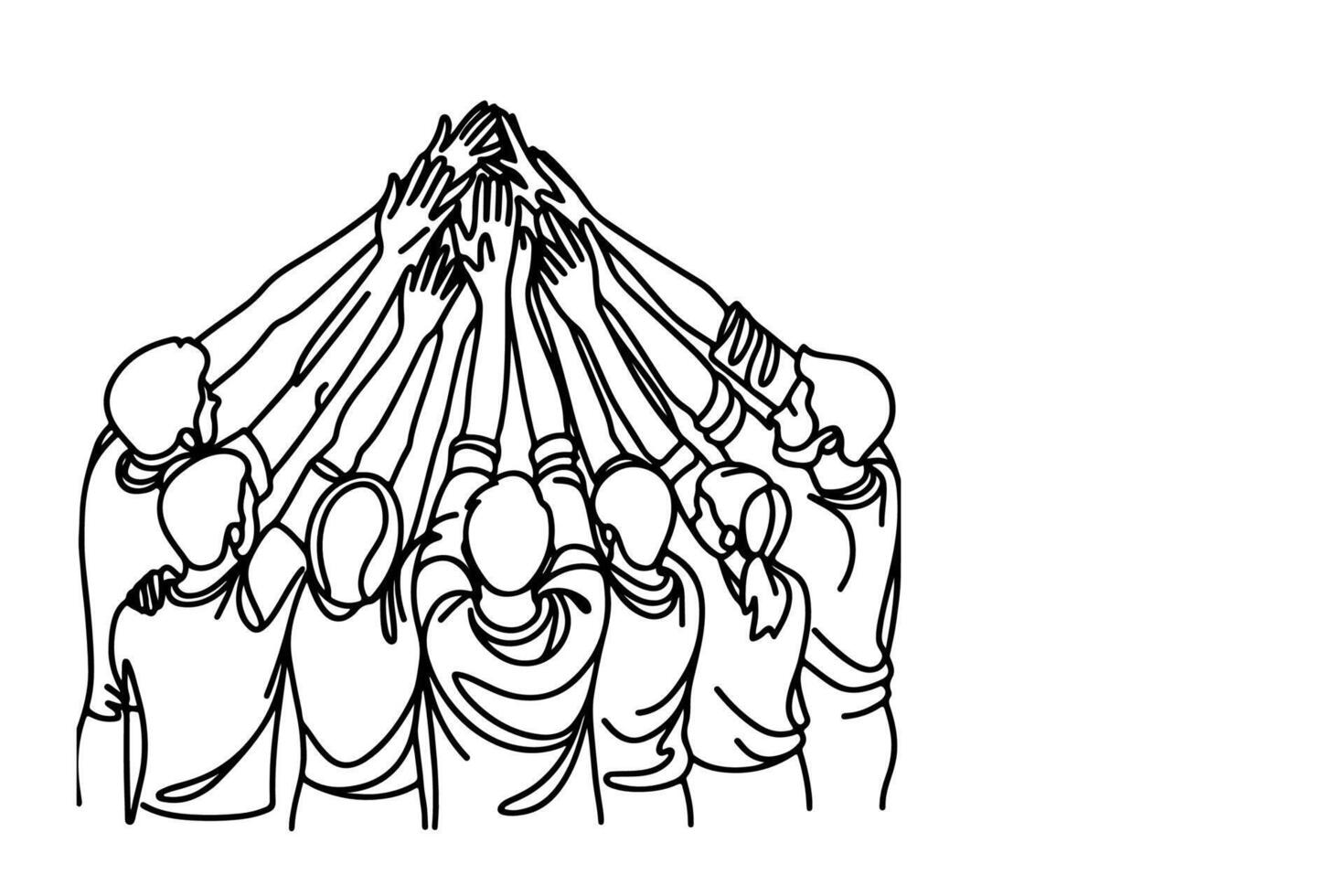 continuous one single black line drawing teamwork group of friends put their hands together illustration isolated on white background vector